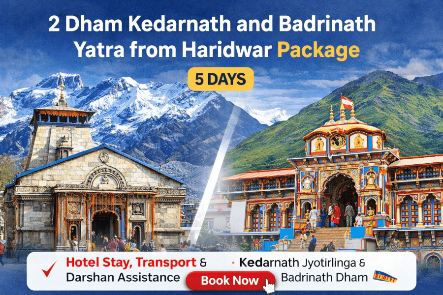 2 Dham Kedarnath and Badrinath Yatra from Haridwar Package banner showing Kedarnath Temple and Badrinath Dham